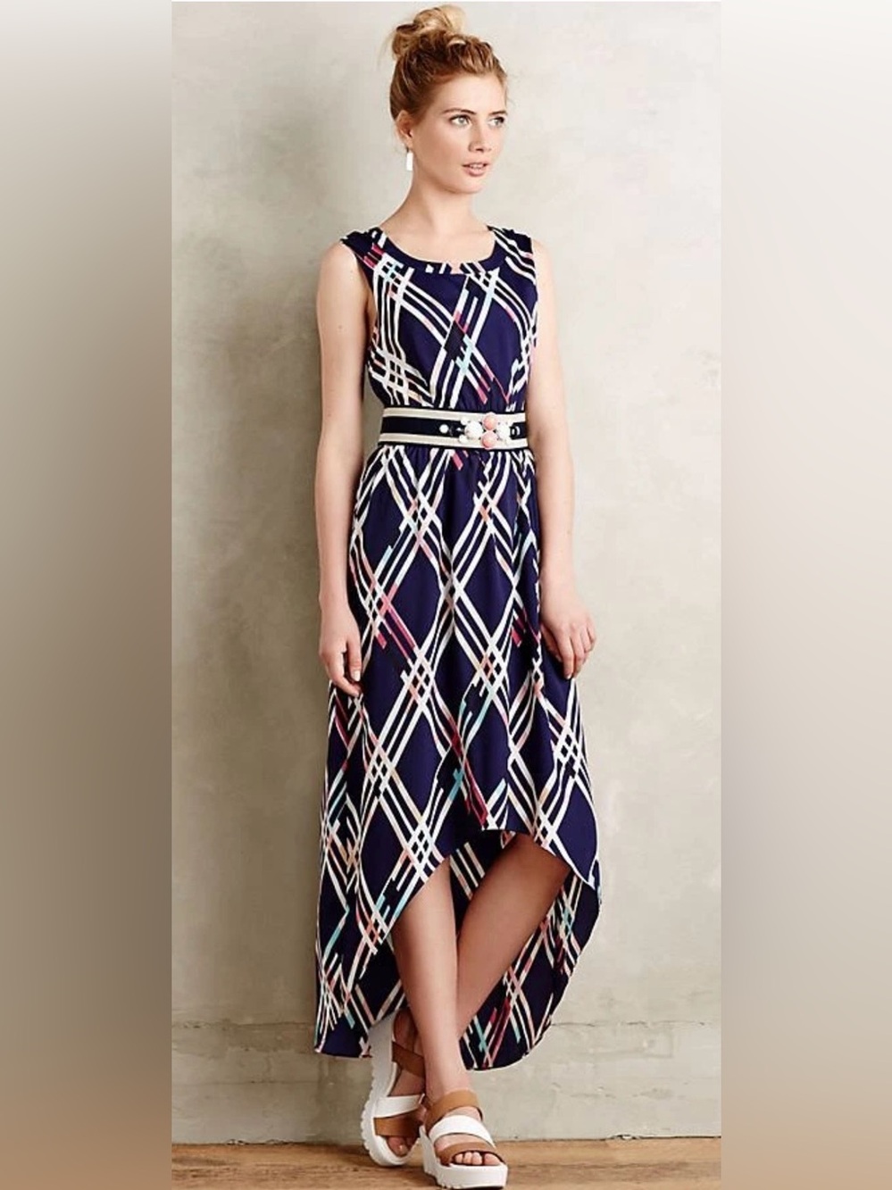 Maeve Anthropologie Diamant Geometric High Low Midi Dress M Navy Fit Flare